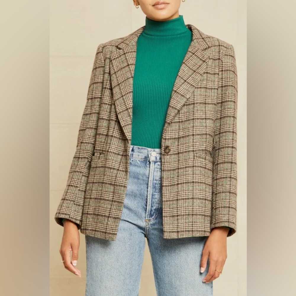 Amour Vert Pipa Wool Plaid Single Button Blazer Brown and Teal Plaid Size Medium - Picture 1 of 7